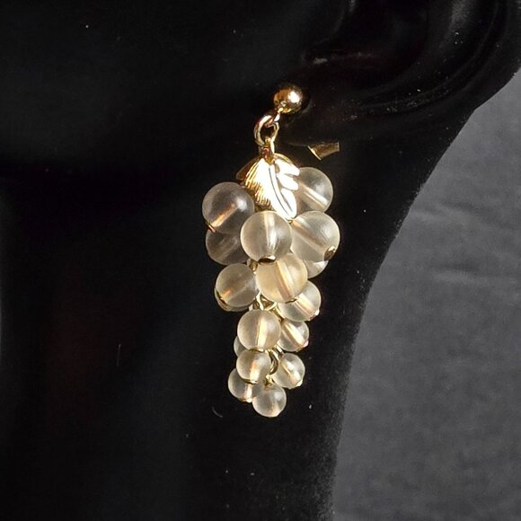 Grape Cluster Pierced Earrings Gold-Tone Leaves Drop Dangle Frosted Beads - Picture 3 of 6